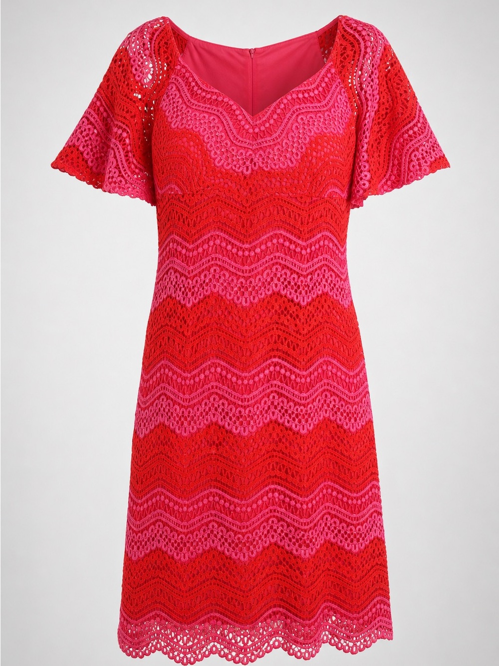 Trina Turk Red and Pink Lace Flutter Sleeve Dress